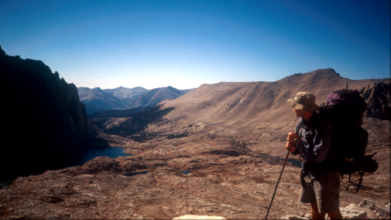 Penultimate day of my John Muir Trail hike, approaching Whitney Crest, looking back over Guitar Lake.