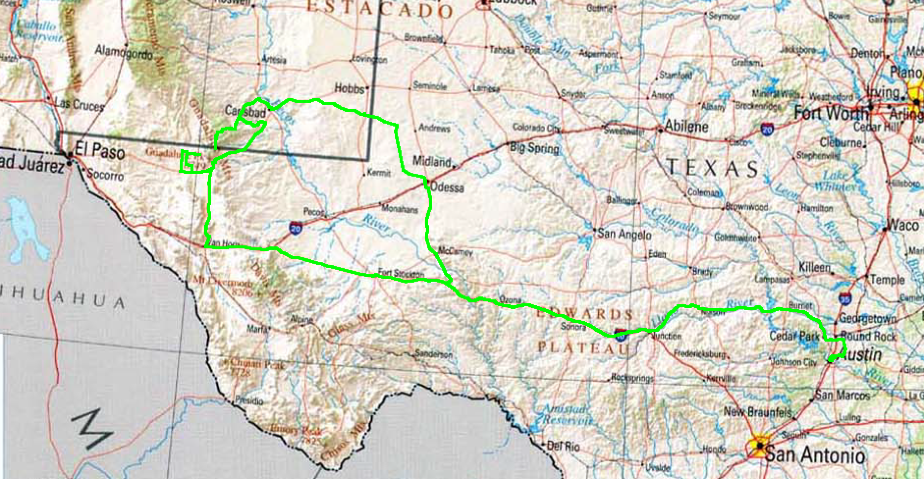 Map of West Texas and southern New Mexico with route driven highlighted in green.